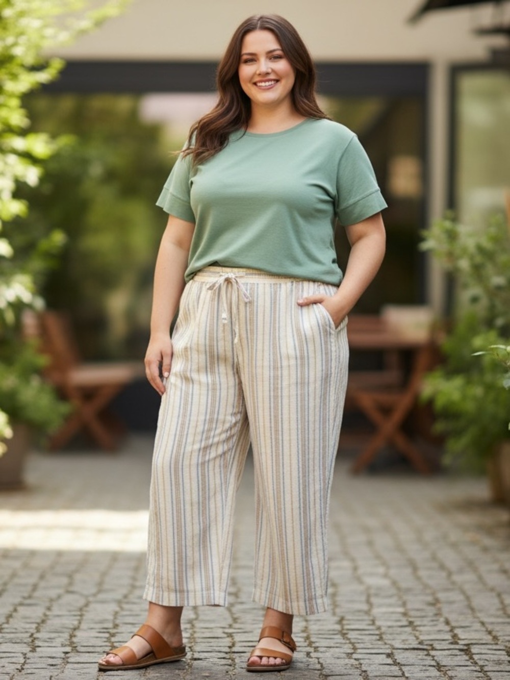 NWOT L.L. Bean Plus-Size Striped Drawstring Linen Pants sz 18